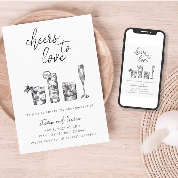 Cheers to Love - Simple and Elegant Engagement Party Invitation Template with Cocktails - Instant Edit and Download