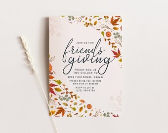 Join us for Friendsgiving Dinner - Thanksgiving Friendsgiving Invite Template with Leaves Fall Decor - Instant Edit and Download
