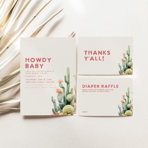 Ensemble baby shower sur le thème des cactus du sud-ouest Howdy Baby avec invitation, carte de remerciement, carte de tombola de couches - modification et téléchargement immédiats