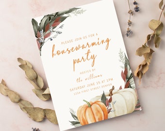Fall Theme Housewarming Party Invitation Template With Boho White Pumpkins and Flowers -  Instant Edit and Download