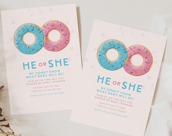 Invitación para revelar el género de tu dona: rosa y azul, él o ella (descarga instantánea)