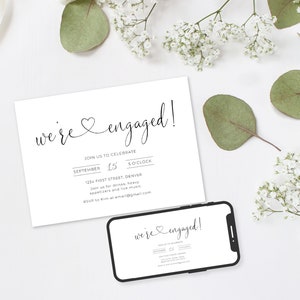 Modello di invito per la festa di fidanzamento "We're Engaged" semplice ed elegante con cuore - Modifica e download immediati - Personalizzabile
