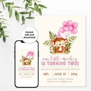 May include: A printable birthday invitation featuring a cartoon monkey wearing a party hat and holding pink balloons. The text reads "our little monkey is turning two!" and includes details for the party, including the date, time, and location.