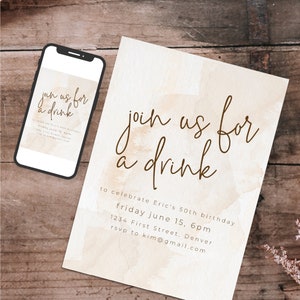 Begleiten Sie uns zu einem Cocktail Einladungsvorlage - Beige Aquarell - Sofort bearbeiten und herunterladen - Einweihungsparty, Geburtstag, Jubiläum, Ruhestand
