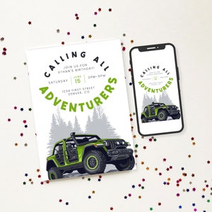 Calling All Adventurers! - Camping/Off-Roading Theme Birthday Party Invitation Template with Off Road Vehicle  - Any Age