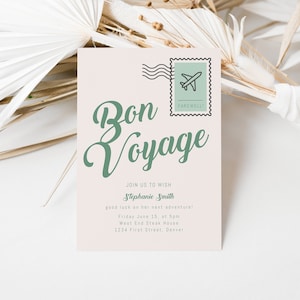 Modèle d'invitation de déménagement Bon Voyage - Carte postale sur le thème avec timbre et avion - Modification et téléchargement immédiats