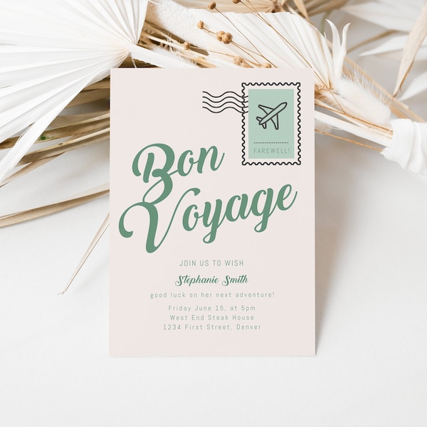 Bon Voyage Retirement Moving Party Invitation Template - Post Card Theme with Stamp and Plane - Instant Edit and Download