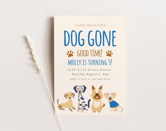 May include: A light blue and brown invitation card with the text "Dog Gone Good Time! Molly is turning 5!" and a graphic of four dogs. The invitation includes the date, time, address, and RSVP information.