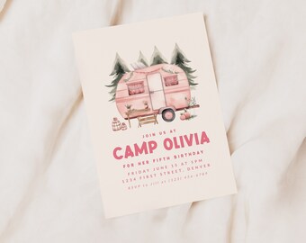 May include: An illustration of a pink and white camper van with fairy lights, surrounded by green trees. The text "JOIN US AT CAMP OLIVIA FOR HER FIFTH BIRTHDAY FRIDAY JUNE 15 AT 5PM 1234 FIRST STREET, DENVER RSVP to Jill at (123) 456-6789" is printed on the invitation.