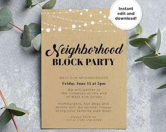 May include: A brown paper invitation with white string lights at the top. The text reads "Neighborhood Block Party" with the date and time of the party, "Friday June 15 at 5pm". The invitation also includes the location of the party, "West Elm Neighbourhood", and the RSVP information.