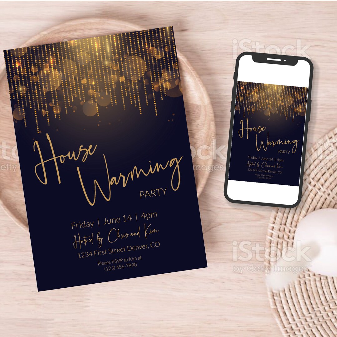 Housewarming Invitation Template - With Hanging Gold Lights and Glitter ...