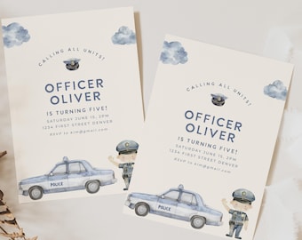 Llamado a todas las unidades: plantilla de invitación para fiesta de cumpleaños con temática policial: edición y descarga instantáneas
