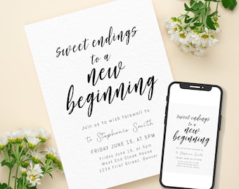 Sweet Endings to a New Beginning Invitation Template - Black and White - Print or text/email - Instant Edit and Download