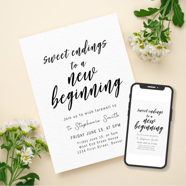 Sweet Endings to a New Beginning Invitation Template - Black and White - Print or text/email - Instant Edit and Download