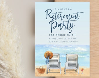 May include: A blue and white retirement party invitation with a watercolor beach scene. The invitation says "Join us for a Retirement Party for Debbie Smith" and includes the date, time, and location of the party.