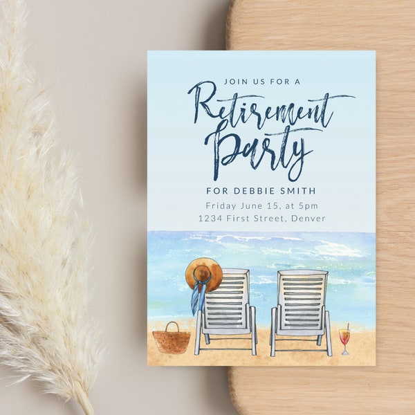 Beach Theme Retirement Party Invitation Template - Two Chairs on the Beach with Drinks - Instant Edit and Download