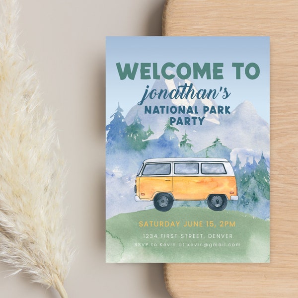 National Park/Camping - Outdoor Theme Birthday Party Invitation Template with Mountains - Instant Edit and Download