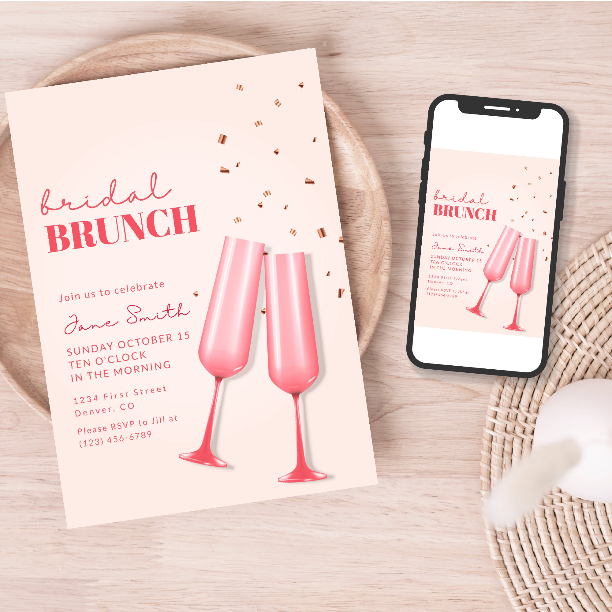 Bridal Brunch Party Invitation Template With Pink Champaign Drinks and Confetti Instant Edit and Download
