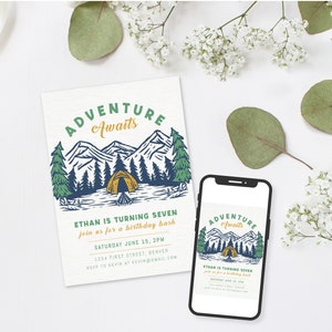 Adventure Awaits - Camping Theme Birthday Party Invitation Template - Any Age - Instant Edit and Download!
