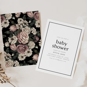 May include: A white baby shower invitation with black text. The text reads "Join us for a baby shower, Guest of Honor Olivia June, Saturday June 15, 11 AM, 1234 First Street, Denver, RSVP to kim@gmail.com".