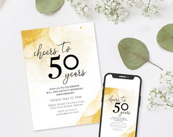 Gold Anniversary Invitation Template: Cheers to 50 Years (Digital Download)