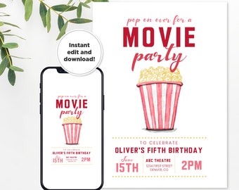 Pop on Over Movie Theme Birthday Party Invitation Template with Popcorn - Any Age