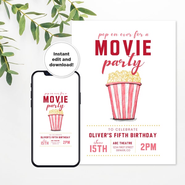 Pop on Over Movie Theme Birthday Party Invitation Template with Popcorn - Any Age