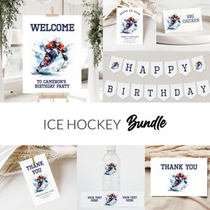 Skate on Over - Hockey Theme Birthday Party Bundle with Hockey Player Burgundy and Blue Any Age - Instant Edit and Download