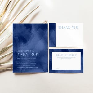 Marinblå akvarell babyshowerinbjudningspaket (digital nedladdning)