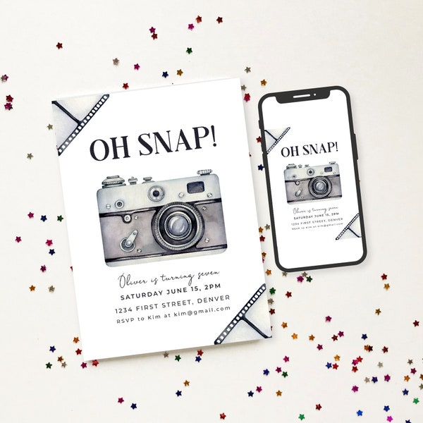 Oh Snap! - Modern Minimalist Watercolor Camera/Photography/Film Theme Birthday Party Invitation Template - Instant Edit and Download