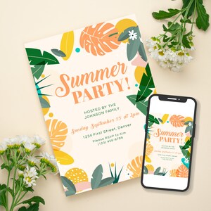 May include: A colorful invitation for a summer party hosted by the Johnson family. The invitation features a tropical theme with palm leaves, flowers, and a bright yellow, orange, and green color scheme. The text reads "Summer Party!" and includes the date, time, location, and RSVP information.