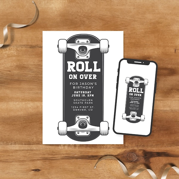 Roll on Over - Skateboarding Theme Birthday Party Invitation Template - Any Age - Instant Edit and Download