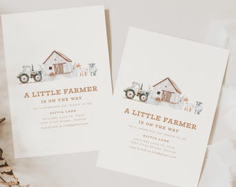 Little Farmer Baby Shower Invitation: Tractor & Animals (Instant Download)