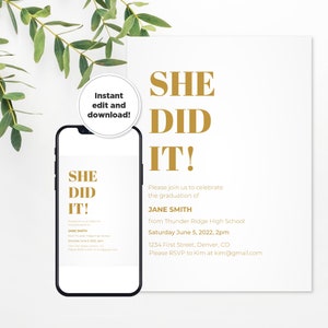 She Did It! - Graduation Party Invitation Template - Customize to Any Color