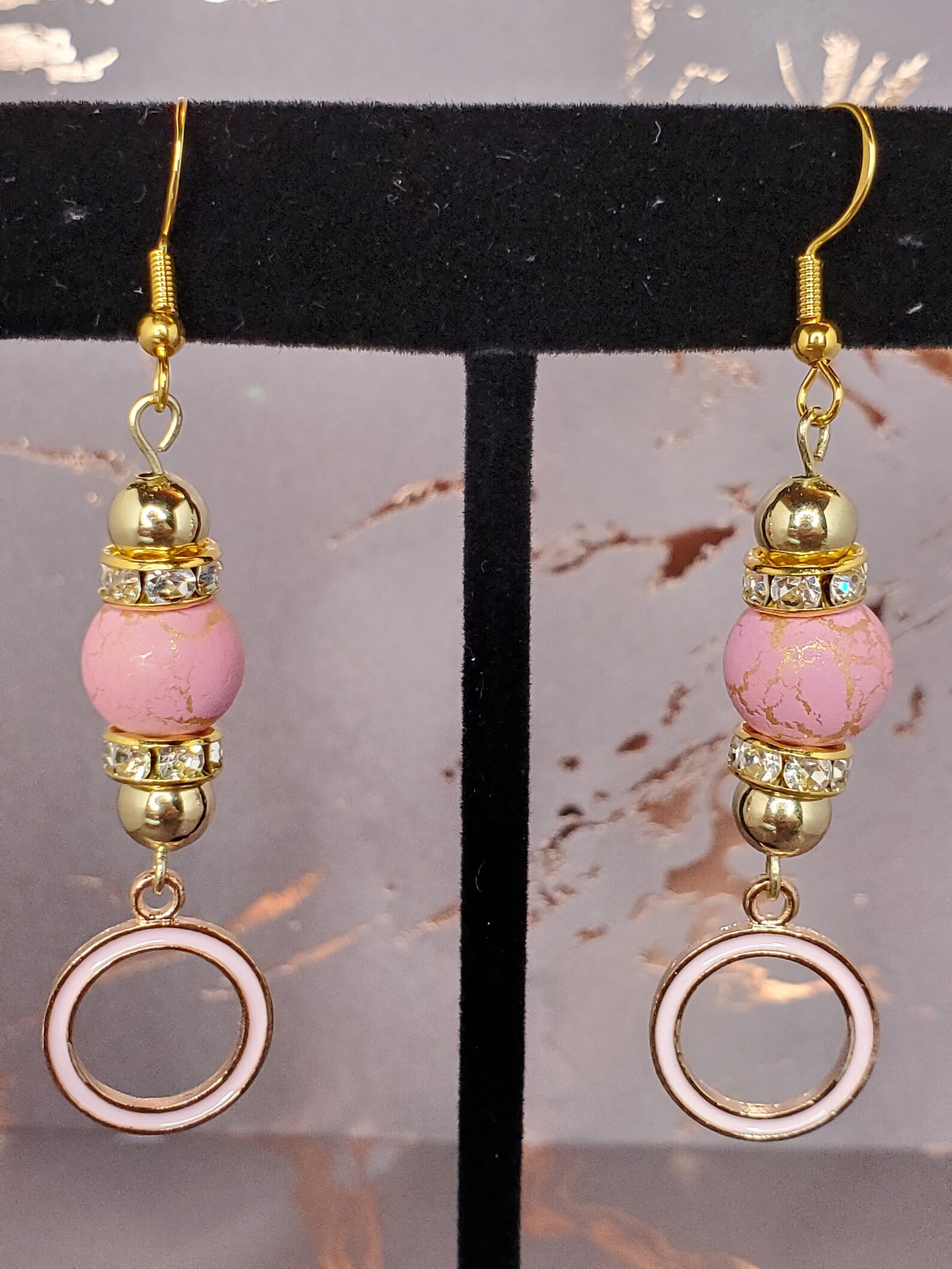 Pink Charm Marble Bead Gold Dangle Earrings Etsy