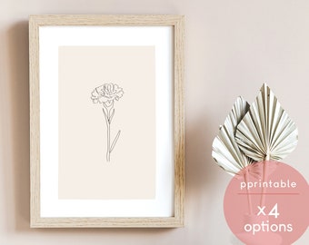 Carnation Flower | January Birth Month | Line Art Drawing | Minimalist | x4 Options | Digital Printable Wall Art | Illustration | Download