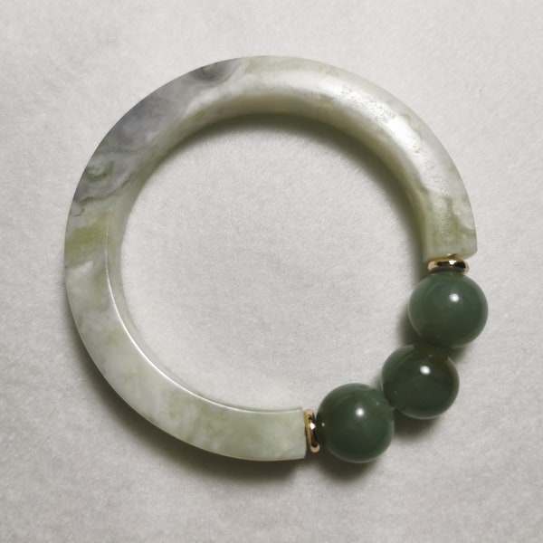 Handmade Serpentine Jade Bracelet Bangle, Adjustable