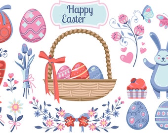 Hand-Drawn Easter Illustration Set: Bunny, Eggs, Chicks (Digital Download)