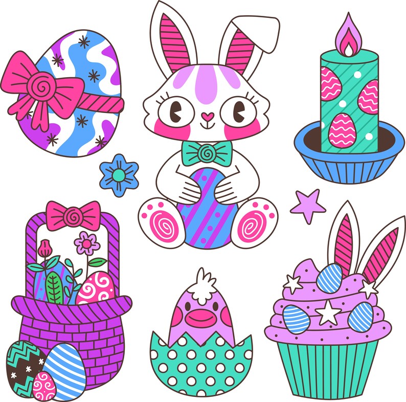 May include: A set of Easter-themed illustrations featuring a bunny holding an egg, a basket of eggs, a cupcake with bunny ears, a chick in an egg, and a candle with a blue and green striped design.