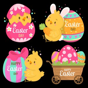 イースターバニー、イースターひよこ、イースターエッグ、イースターエッグカートのクリップ アート、SVG、EPS、透明なデジタル イースター アート、ハッピー イースター SVG、イースターひよこ