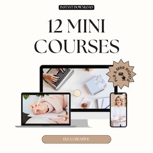 May include: An image with the text "INSTANT DOWNLOAD" and "12 MINI COURSES". The image shows a laptop, a desktop computer, and a smartphone, each displaying different content. A star-shaped graphic reads "PLR & MRR RIGHTS". The bottom of the image reads "ELLA CREATIVE".