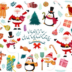 May include: A colorful Christmas illustration featuring Santa Claus, a snowman, penguins, reindeer, gingerbread people, candy canes, presents, and a Christmas tree. The text "merry christmas" is written in green and blue letters with a red ribbon underneath.