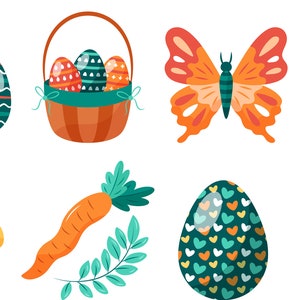 May include: A collection of Easter-themed illustrations. Includes a bunny holding an egg, a basket of decorated eggs, a butterfly, a hen, a chick hatching from an egg, a carrot, and two decorated Easter eggs.