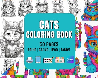 以下が含まれることがあります： 「CATS COLORING BOOK」というタイトルと「50 PAGES PRINT | CANVA | IPAD | TABLET」というテキストが書かれた、ターコイズ色の塗り絵本の表紙。表紙には、カラーと白黒の様々な猫のイラストが描かれています。