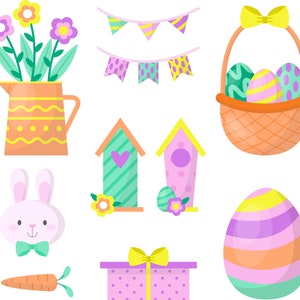 May include: A set of Easter-themed illustrations featuring a bunny, a basket of eggs, a gift box, a carrot, birdhouses, and a flower arrangement in a pitcher.