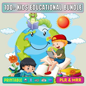 Könnte beinhalten: Illustration, die ein Kinder-Lernpaket bewirbt. Das Bild zeigt eine lächelnde Erde mit Kindern, eine Raupe, die ein Buch liest, und den Text "100+ KIDS EDUCATIONAL BUNDLE". Die Wörter "PRINTABLE" und "PLR & MRR" sind ebenfalls sichtbar.