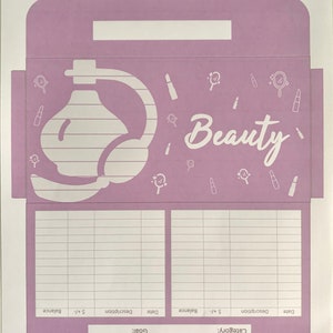 Peut inclure: Un suivi budgétaire rose et blanc avec un graphique d'un flacon de parfum et le mot "Beauté". Le suivi comporte des colonnes pour la date, la description, le montant et le solde.