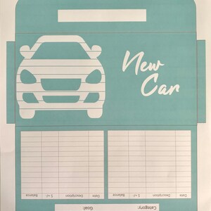 May include: A light blue printable savings tracker with a white car graphic and the text "New Car". The tracker has columns for date, description, amount added or subtracted, and balance.