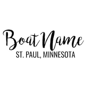 Puede incluir: Texto negro sobre fondo blanco. Las palabras "Boat Name" están escritas en cursiva, y debajo, en fuente sans-serif, se lee "ST. PAUL, MINNESOTA". Diseño simple y limpio.