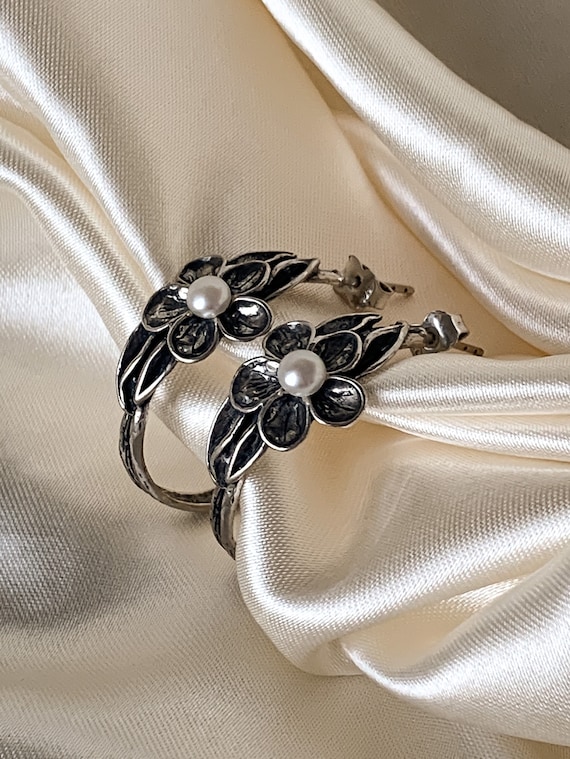 Large Pearl Hoop Earrings / Vintage Floral Hoop Ea